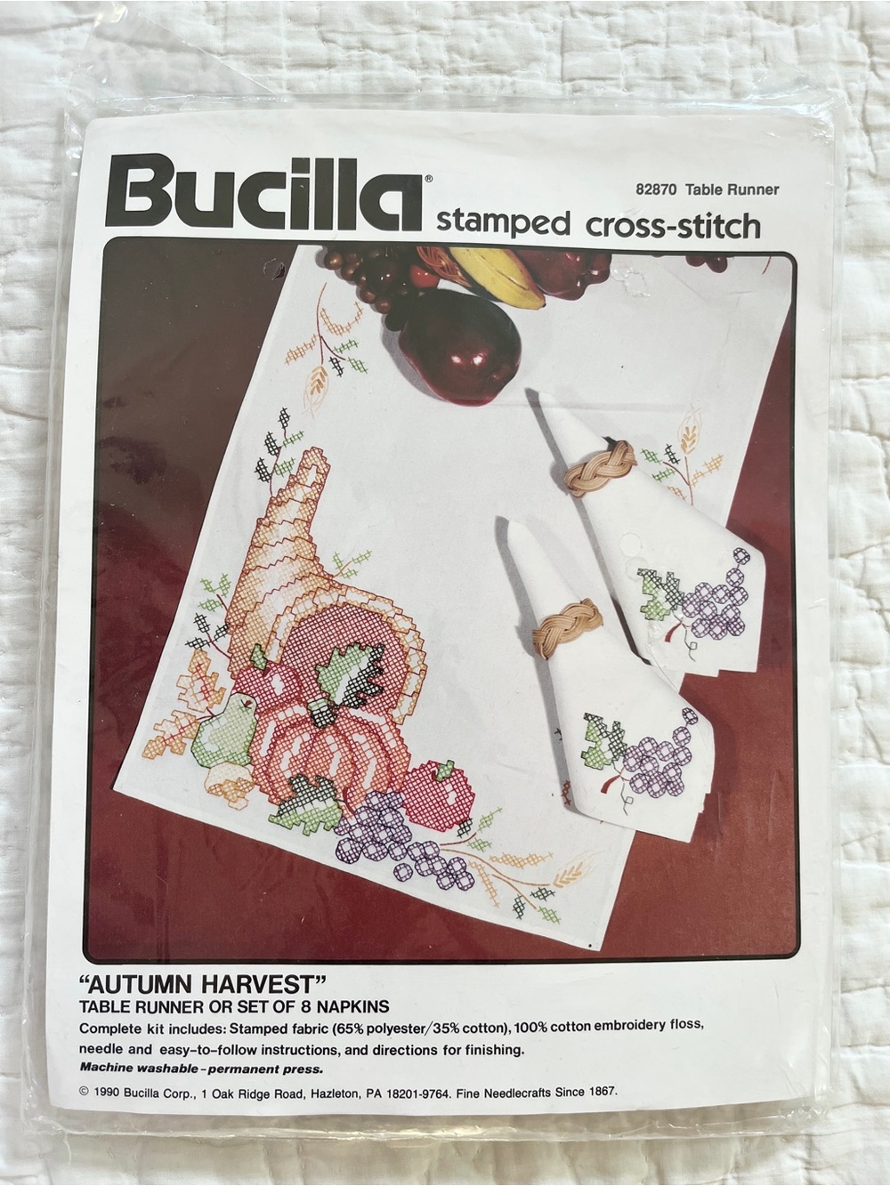 Bucilla Stamped Cross Stitch Autumn Harvest Cornucopia Table Runner Napkin Fall